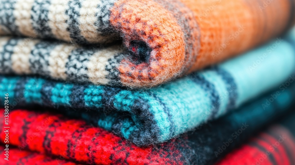 Poster a stack of folded plaid blankets in various colors is neatly arranged, perfect for adding warmth dur