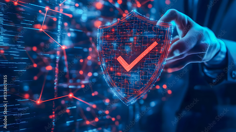 Poster digital shield symbolizing cybersecurity protection with checkmark and abstract data network backgro