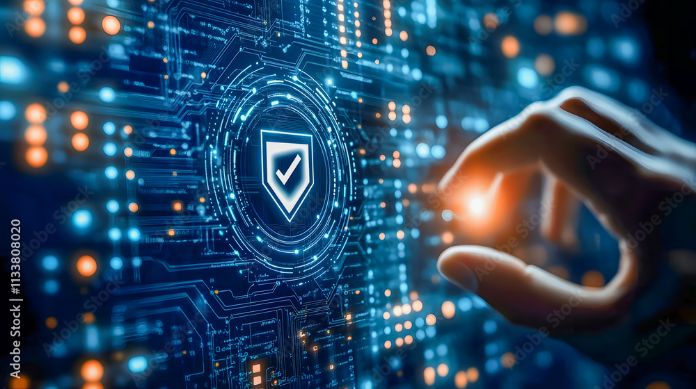 Poster digital security concept with hand reaching for shield icon over technology background representing 