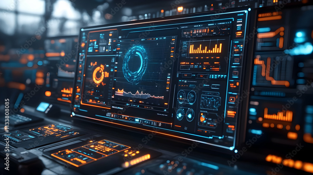 Poster futuristic control panel displaying data analytics and visualizations in a tech environment.