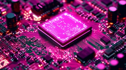 Modern futuristic concept of an AI chipset on a glowing circuit board representing technological innovation perfect for digital artwork and web banner designs.