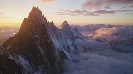 Majestic snow-capped mountains at sunset, clouds below.