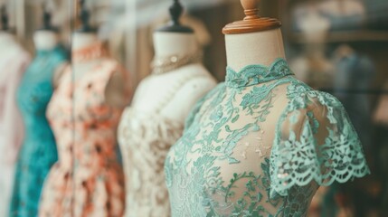 Obraz premium Mannequins display beautiful vintage dresses adorned with lace, drawing attention in a boutique window setting