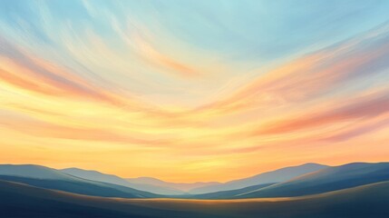 Fototapeta premium A serene landscape painting featuring a vibrant sunset over rolling hills.