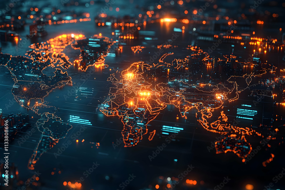 Poster a digital map of the world illuminated with glowing connections and data points.