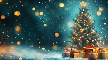 Christmas with tree and gift boxes, with bokeh light background style.