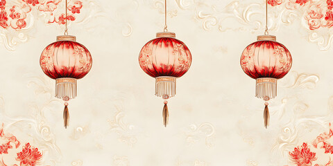 Chinese New Year background with lanterns and red clouds, watercolor cream colored vector illustration.