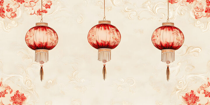 Chinese New Year background with lanterns and red clouds, watercolor cream colored vector illustration.