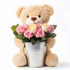 teddy bear holding a bucket filled with pink roses. isolated on white background