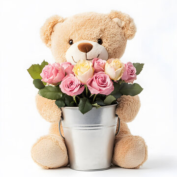 teddy bear holding a bucket filled with pink roses. isolated on white background
