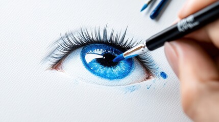DIY Tutorials: A Woman's Hand Creating Art by Drawing a Blue Eye with Brush for Creative and Artistic Projects and Inspiration