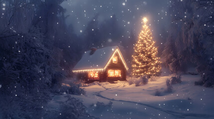 winter atmosphere in the middle of the forest, with houses and Christmas trees, and trees covered in white snow.