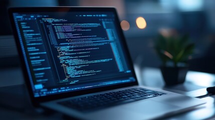 Data Entry Job: Laptop Computer on Desk with Blue Screen for Business, Office, Technology, and Work-Related Visuals in Professional Settings