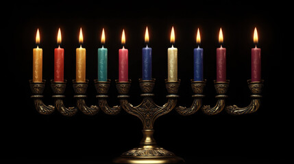 Fototapeta premium traditional brass menorah with colorful candles lit for Hanukkah, symbolizing joy and celebration. warm glow creates festive atmosphere
