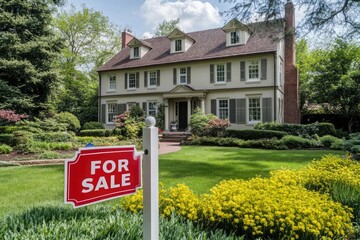 A red and white "FOR SALE" real estate sign stands in front of an elegant suburban home, surrounded by a lush green lawn with yellow flowers