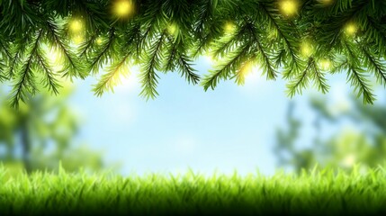 Obraz premium Serene World Environment Day background featuring vibrant green grass against a sunny blue sky with glowing bokeh elements for an eco-friendly and natural vibe.