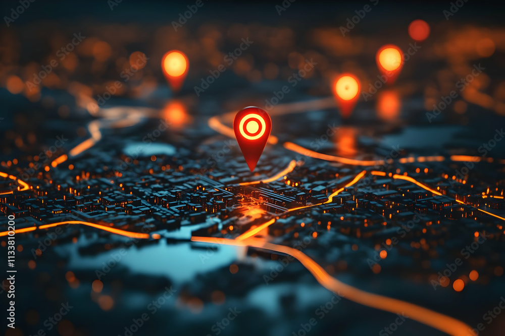 Poster a digital map with location markers highlighting specific areas in a cityscape.