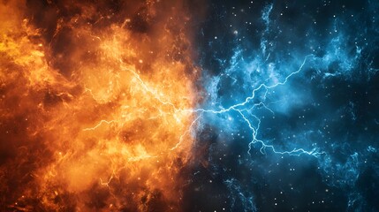 Naklejka premium Fiery orange and icy blue energy clash in cosmic battle
