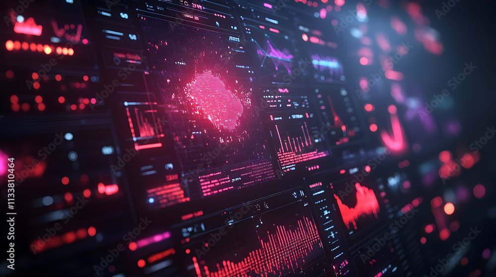 Poster a futuristic interface displaying data visualizations and analytics in vibrant colors.
