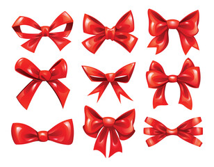Set of red ribbon bows in various styles, perfect for decoration and festive themes. Vector cartoon illustration