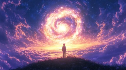 Fototapeta premium A Silhouette Figure Gazes at a Cosmic Spiral in a Purple and Orange Sky