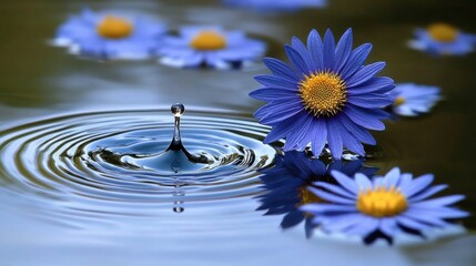 Artistic capture of a water drop in freefall impacting a reflective surface creating elegant ripples and a small splash symbolizing calmness and motion.