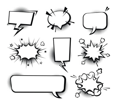 Collection of speech and comic text bubbles with halftone style in black and white. Vector cartoon illustration