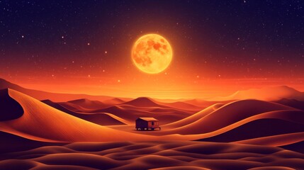 Naklejka premium A Small House Stands Alone in a Desert Under a Full Moon and a Starry Sky