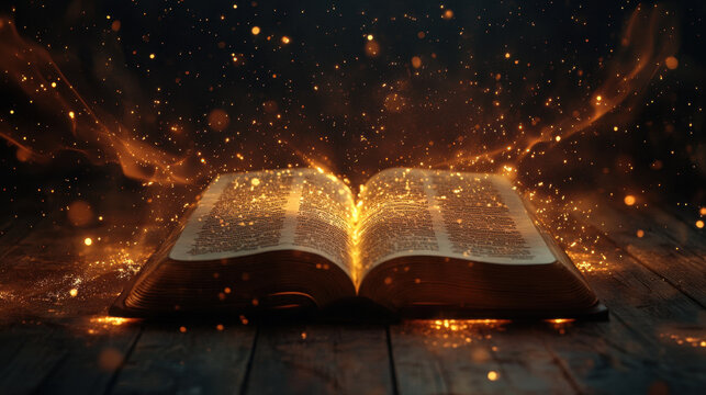 open Bible glowing with sparks and light on wooden surface creates magical atmosphere. shimmering particles enhance spiritual essence of scene