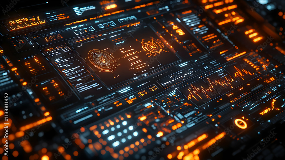 Poster futuristic digital interface with glowing elements and data visualizations.