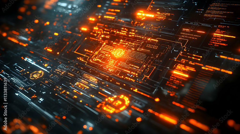 Poster futuristic digital interface with glowing data patterns and circuits.