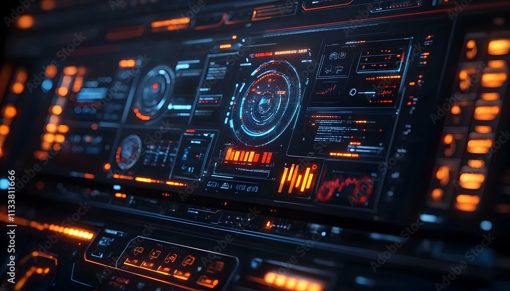 Poster futuristic digital interface with glowing elements and data displays.