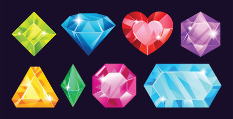 Set of colorful gemstones in various shapes, including heart, diamond, and emerald cuts. Vector cartoon illustration