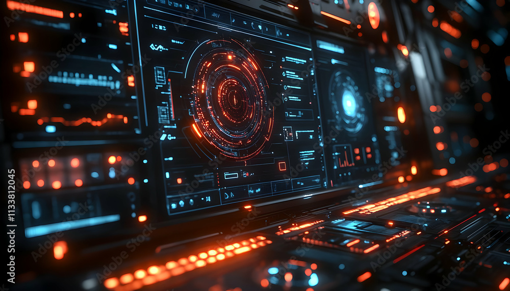 Poster futuristic control panel with glowing interfaces and data displays.
