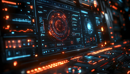 Fototapeta premium Futuristic control panel with glowing interfaces and data displays.