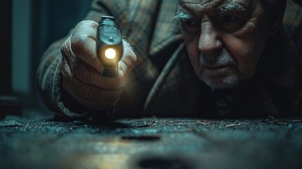 Elderly man using flashlight to inspect a dark surface.