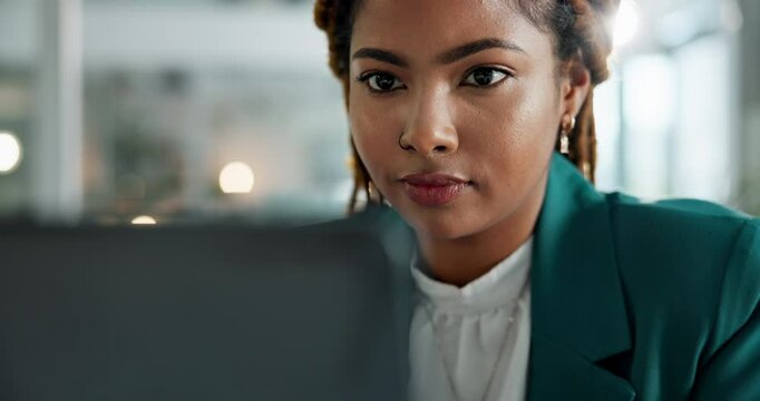 Laptop, thinking and business woman planning, inspiration or insight in office. Reflection, idea or happy professional on computer or African investment banker reading email for financial opportunity