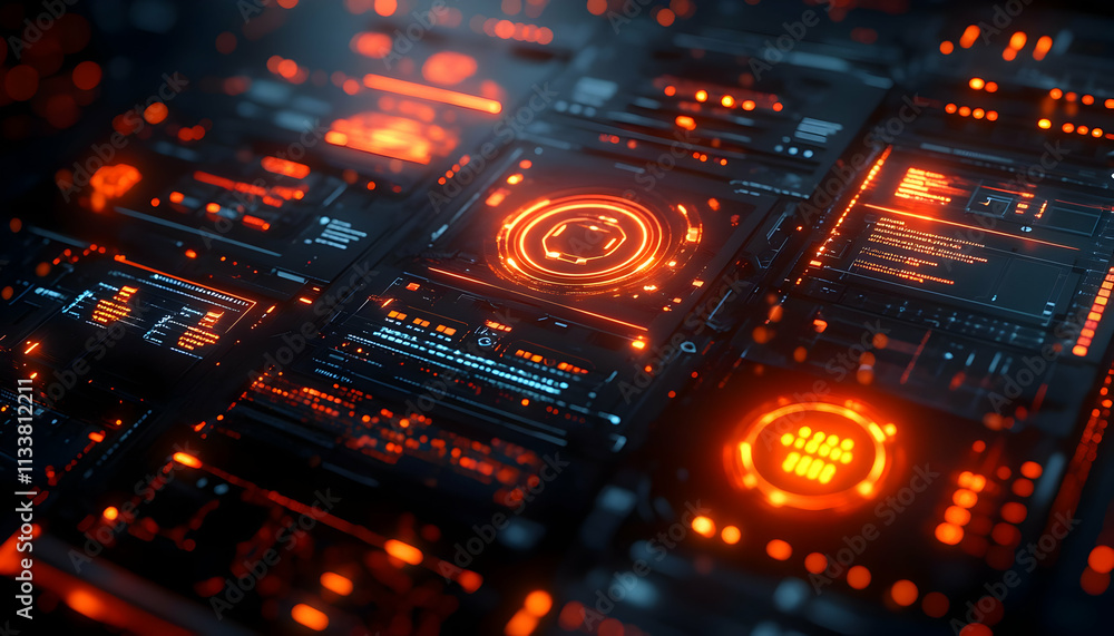 Poster abstract digital interface with glowing orange elements and data displays.