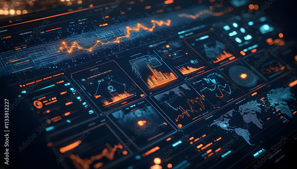 Poster a futuristic dashboard displaying data analytics and visualizations in vibrant colors.