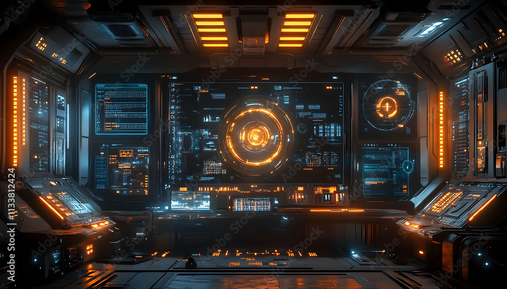 Poster futuristic control room with glowing interfaces and screens for advanced technology.