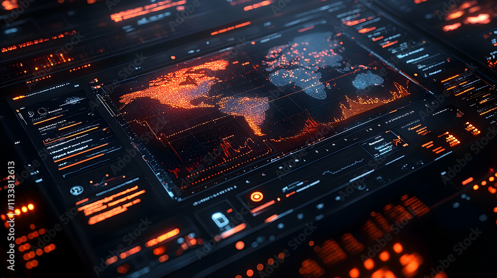 Poster a futuristic interface displaying global data visualizations and analytics.