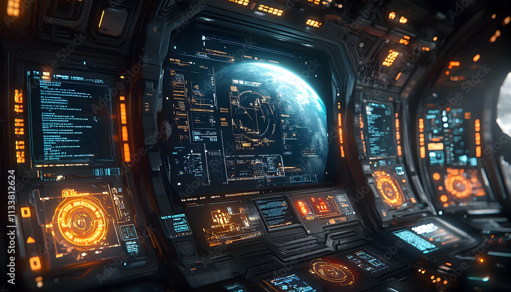 Aufkleber futuristic spacecraft control room with a view of earth and advanced digital interfaces.