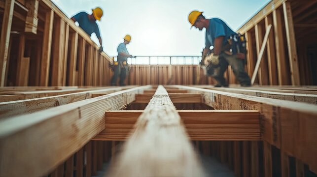 Construction Workers Building A Wooden Frame Structure