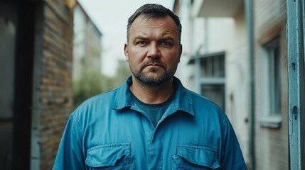 Fototapeta premium A plump, tired man in a blue work shirt stands in front of the apartment threshold, looking weary and cautious, reflecting the life of a hardworking, humble individual in a gloomy, quiet atmosphere.