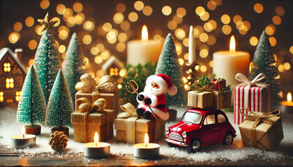 Enchanting Holiday Realm Featuring Santa and Shimmering Gifts.