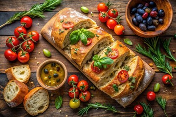 Sun-drenched ciabatta bruschetta, bursting with Italian herbs, olives, and tomatoes.
