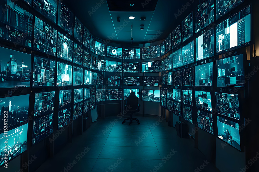 Poster a dark room filled with multiple screens displaying various images and data.