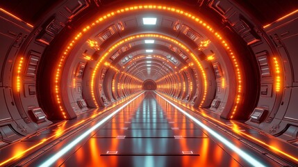 High-tech illuminated corridor with ambient lighting, reflective floors, and modern architecture, offering a sleek futuristic vibe. 3D rendering visualization.
