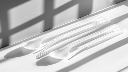 White plastic spoon and fork set in sunlight.