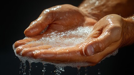 Fototapeta premium Hands cupping water with bubbles, illustrating cleanliness and freshness.